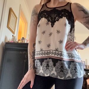 Maurices Black & Cream Lace Yoke Printed Tank